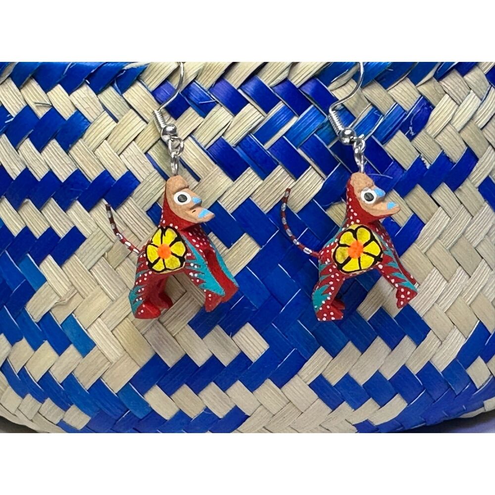 Rust Red Monkey Alebrije Earrings Hand Carved Painted Wood Oaxaca Mexican Folk
